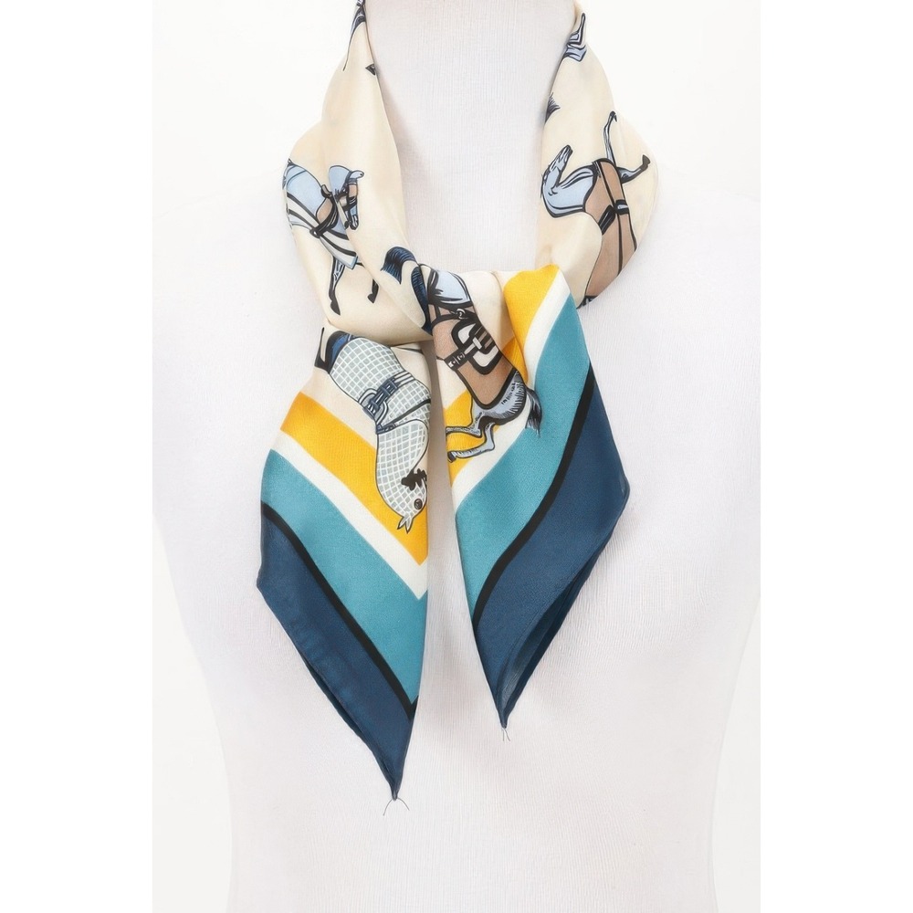 Square Scarf Women OS Blue Cream Equestrian Horse Print